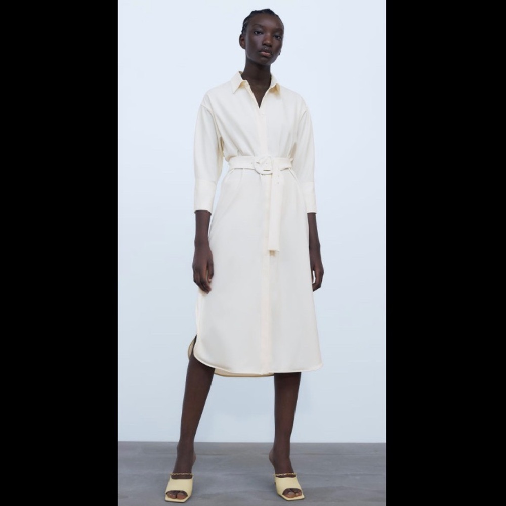NWOT Zara belted midi dress, white/cream